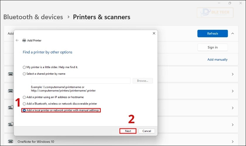 Chọn Add a local printer or network printer with manual settings