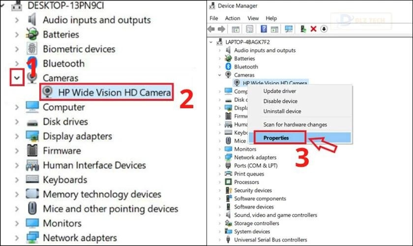 Nhấn chuột phải vào thiết bị webcam và chọn Properties