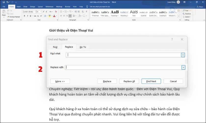 Nhập vào ô Find what dấu cách 2 lần