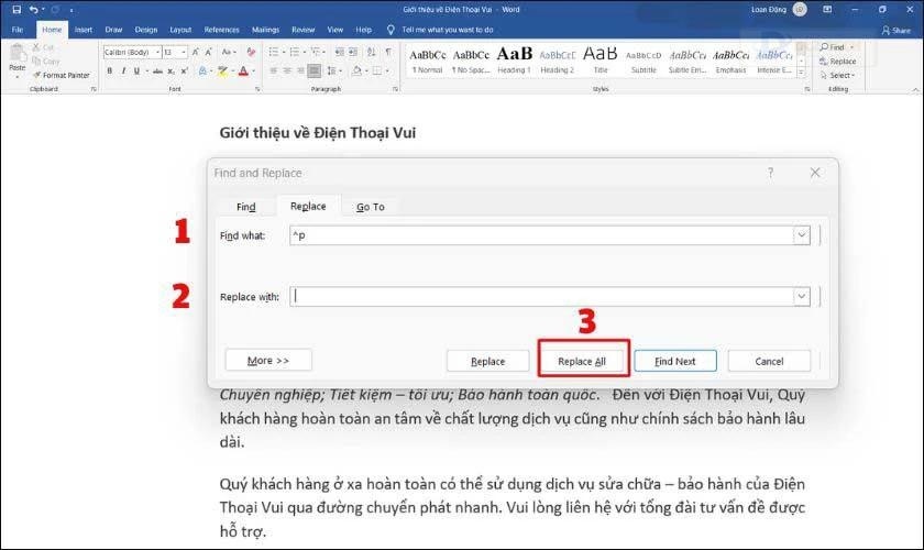 Tiếp tục thực hiện Tìm kiếm và Thay thế