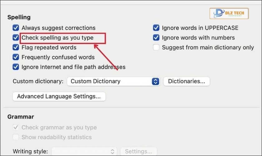 Các từ có lỗi chính tả sẽ xuất hiện dấu gạch chân đỏ
