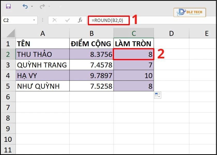 làm tròn số bằng hàm round