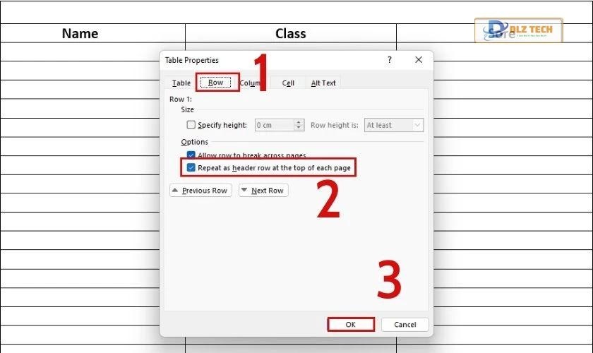 Chọn Repeat as header row at the top of the each page