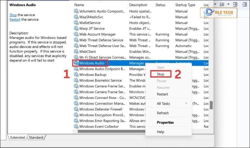 Dừng dịch vụ Windows Audio