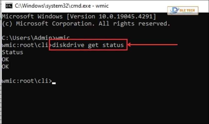 Nhập lệnh diskdrive get status và nhấn Enter