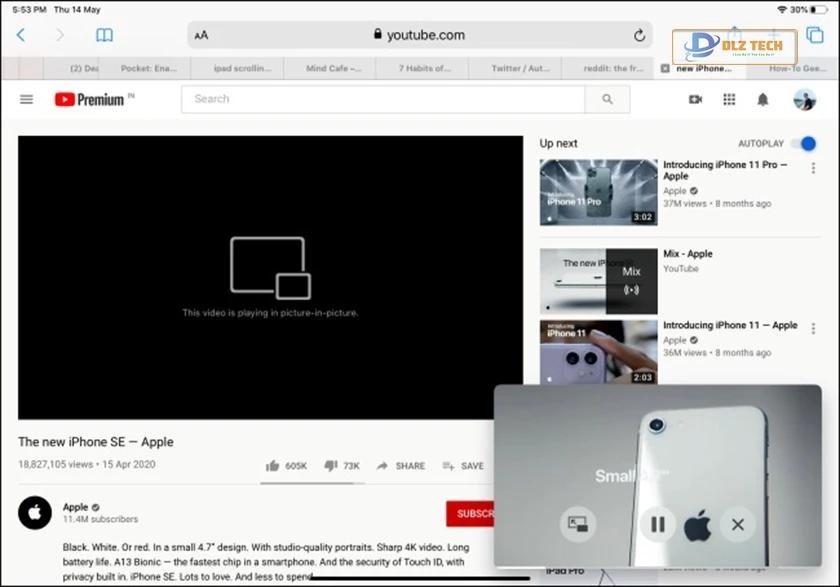 Video được phát trong một cửa sổ nổi (picture in picture youtube)