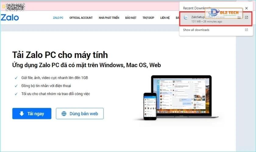 Thông báo tải Zalo thành công