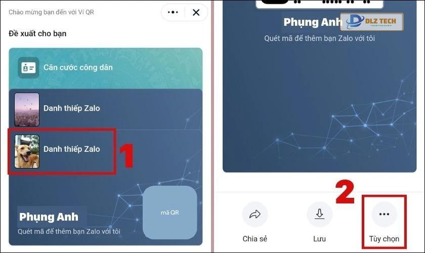 Nhấn chọn Danh thiếp Zalo và chọn nút Tùy chọn