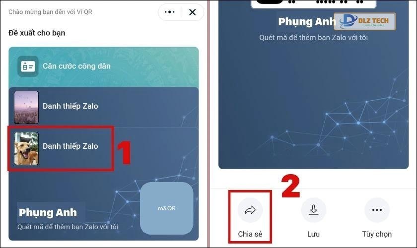 Chọn Danh thiếp Zalo và nhấn vào biểu tượng Chia sẻ