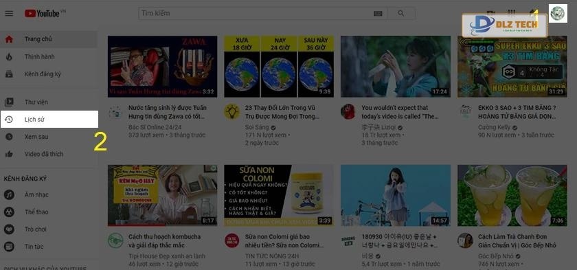 chọn lịch sử tìm kiếm (phía bên phải màn hình)