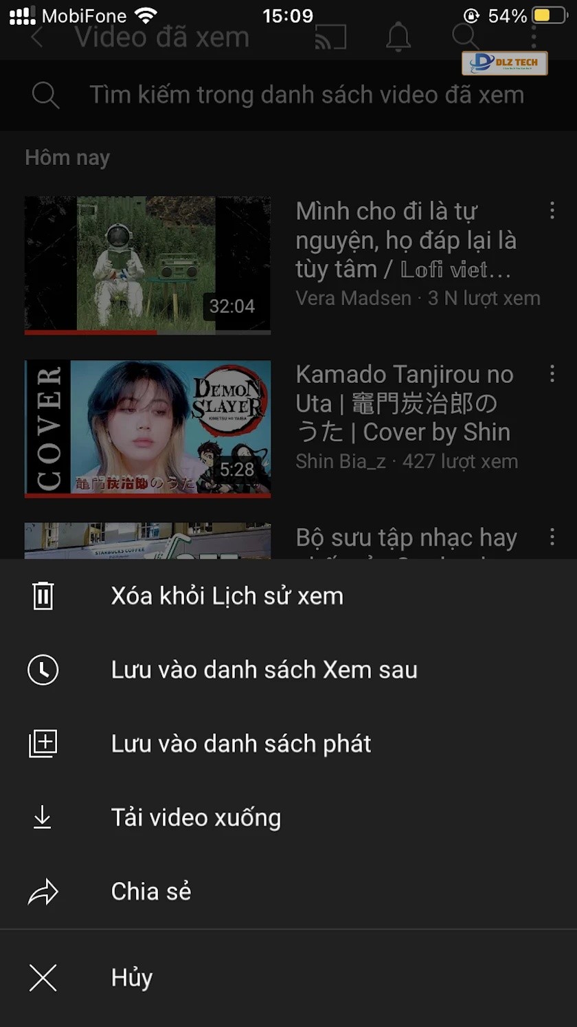 Cách xóa video đã xem trên Youtube - giao diện điện thoại