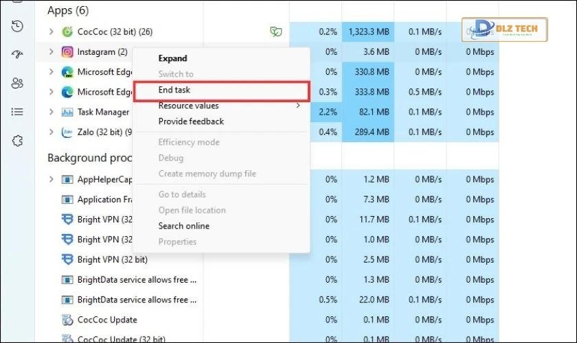 Nhấn chuột phải vào ứng dụng Instagram và chọn End task