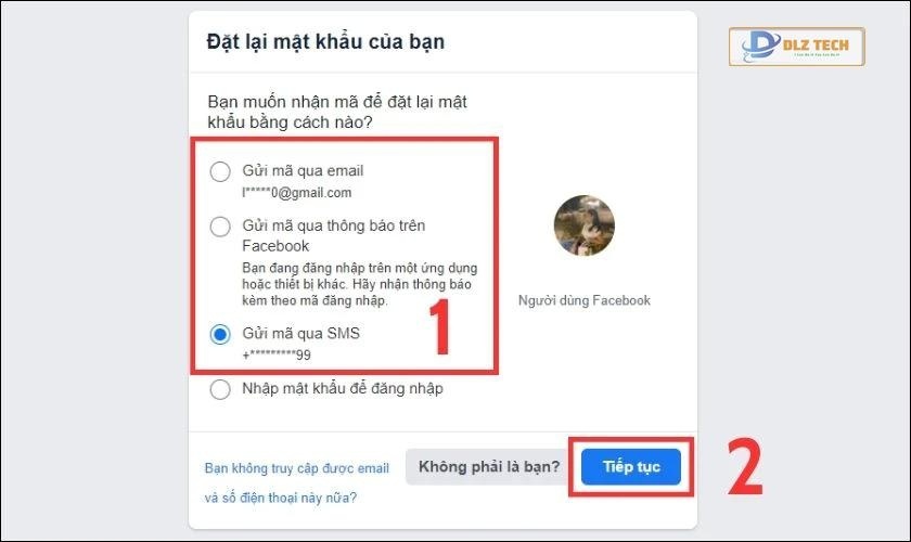 Chọn cách thức nhận mã xác nhận