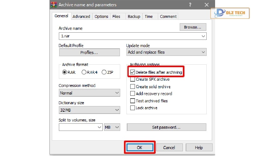 Tích chọn Delete files after archiving, sau đó nhấn OK