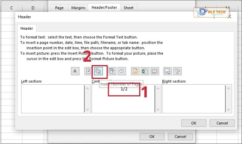 Hoàn tất chèn số trang 1/2 trong Excel