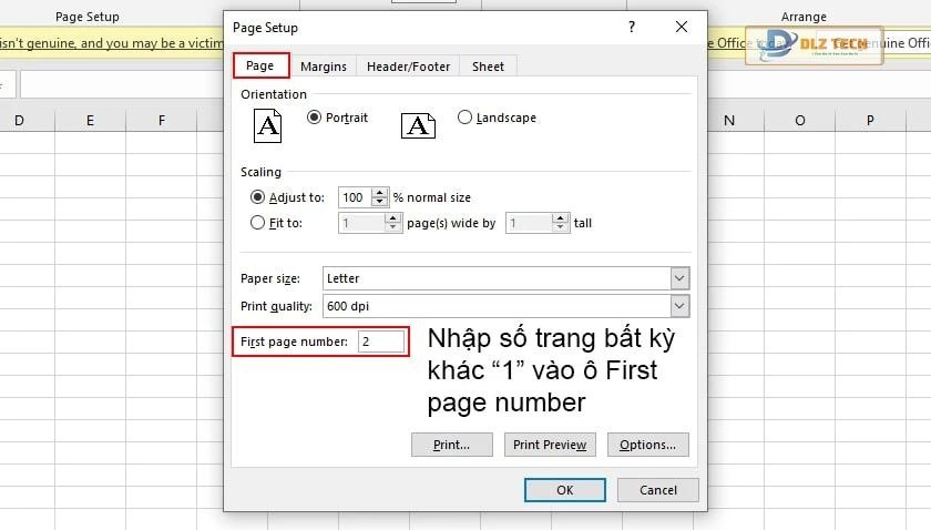 Đánh số trang trong Excel không bắt đầu từ 1