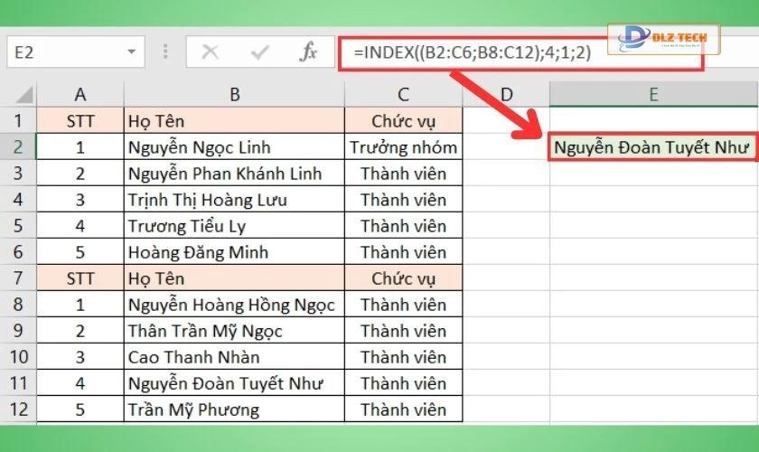 Ví dụ về hàm INDEX nâng cao tham chiếu nhiều mảng