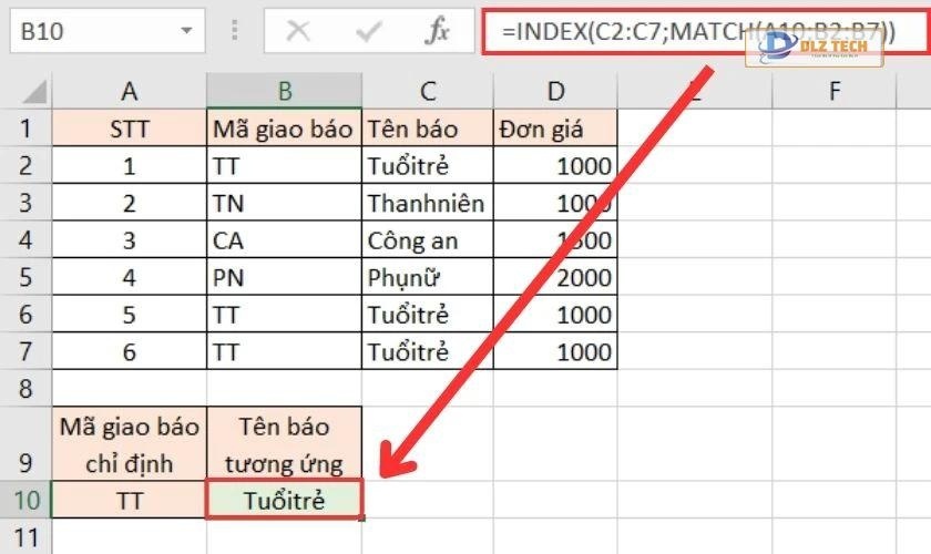 Ví dụ về cách kết hợp hàm INDEX và MATCH