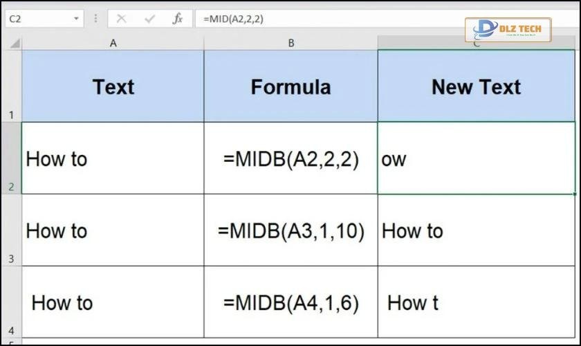 So sánh giữa hàm MID và MIDB