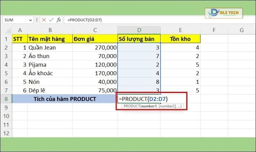 cách sử dụng hàm product để tính từng cột