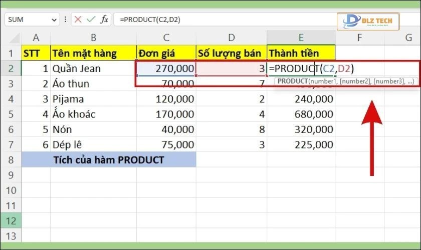 Cách tính tích nhiều cột trong Excel