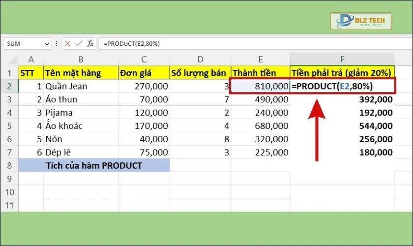 cách sử dụng product để nhân 1 cột với 1 số