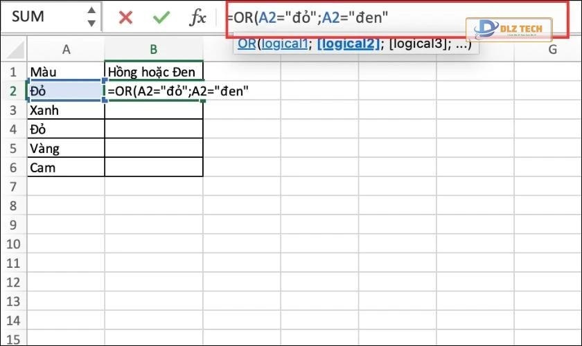 Cách sử dụng hàm OR để tìm màu đỏ và màu đen trong vùng dữ liệu