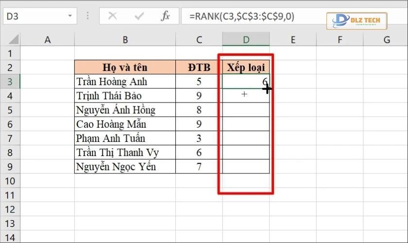 Thao tác sao chép công thức cho các ô khác trong cột xếp hạng