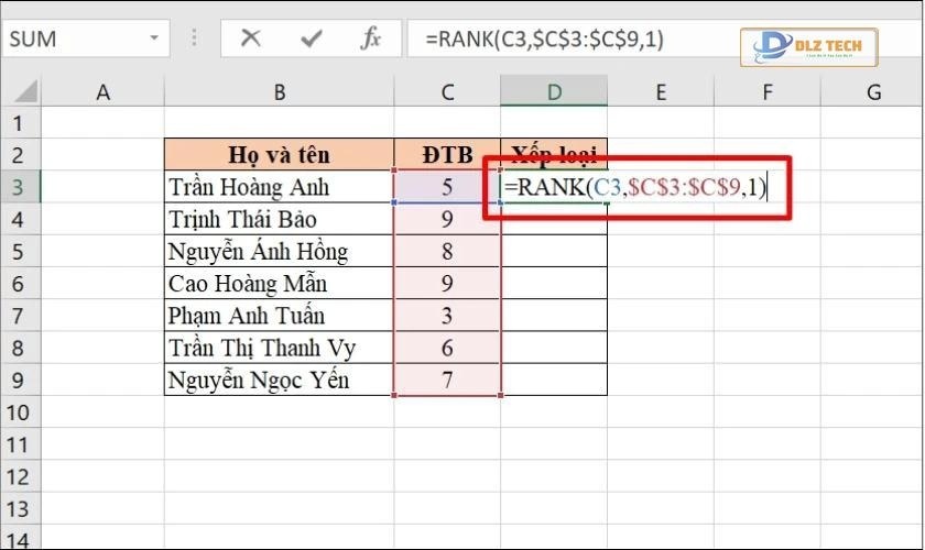 Thiết lập công thức hàm RANK để xếp hạng từ thấp đến cao