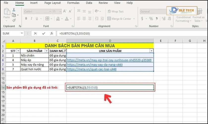 Nhập cú pháp hàm SUBTOTAL để đếm số ô được lọc
