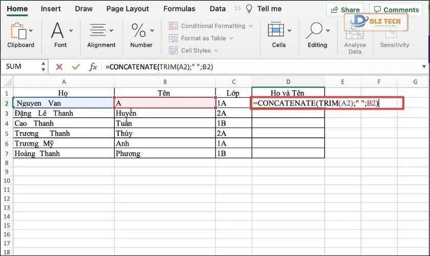 Nhập công thức CONCATENATE