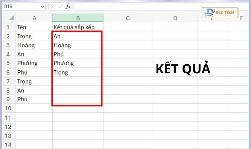 Kết quả của hàm SORT kết hợp với hàm UNIQUE