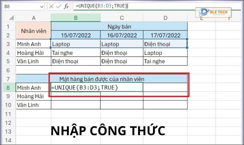 Minh họa cách dùng hàm UNIQUE