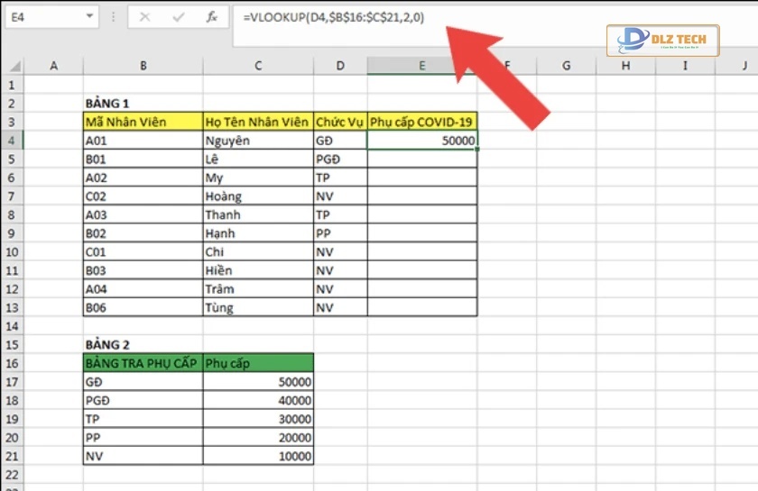 Kết quả tính phụ cấp theo chức vụ bằng Vlookup