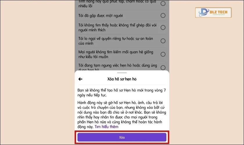 Nhấn vào Xóa hồ sơ hẹn hò trên Facebook