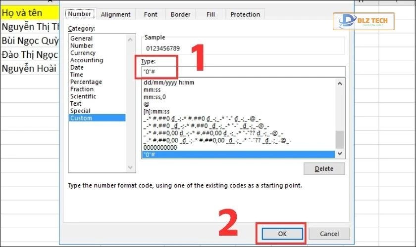 Thêm số 0 vào trước dãy số và nhấn OK