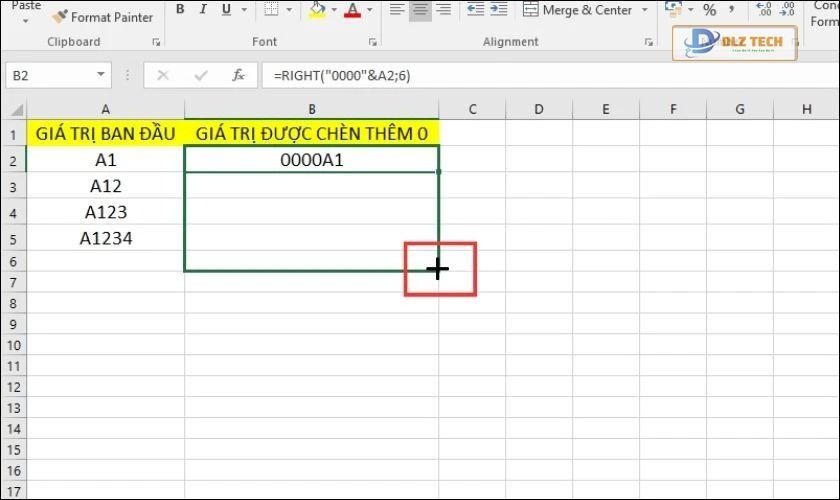 Dùng dấu cộng để thực hiện kéo ô công thức xuống các ô còn lại