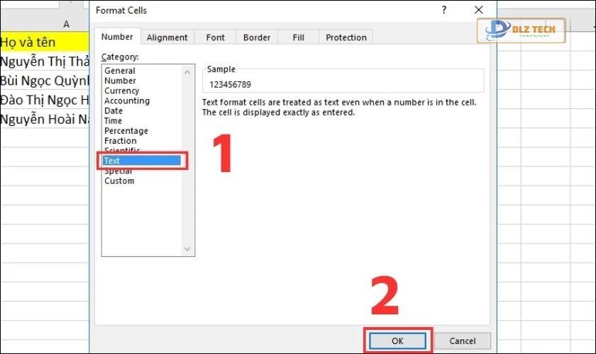 Trong tab Number bạn chọn mục Category để nhập Text