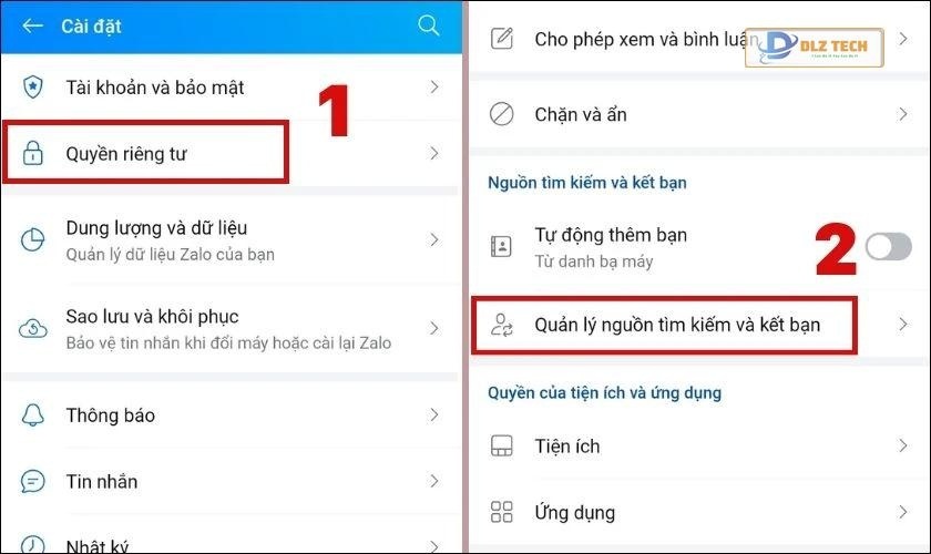 Quyền riêng tư và tìm kiếm Zalo