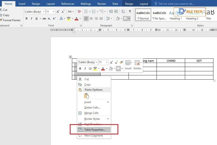 nhấp chuột phải chọn vào Table Properties