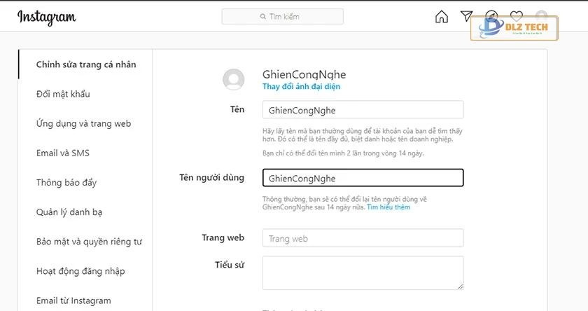 Nhập tên Instagram trên máy tính