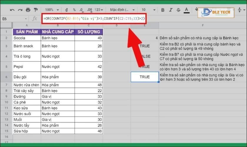 Kết hợp hàm COUNTIF với OR