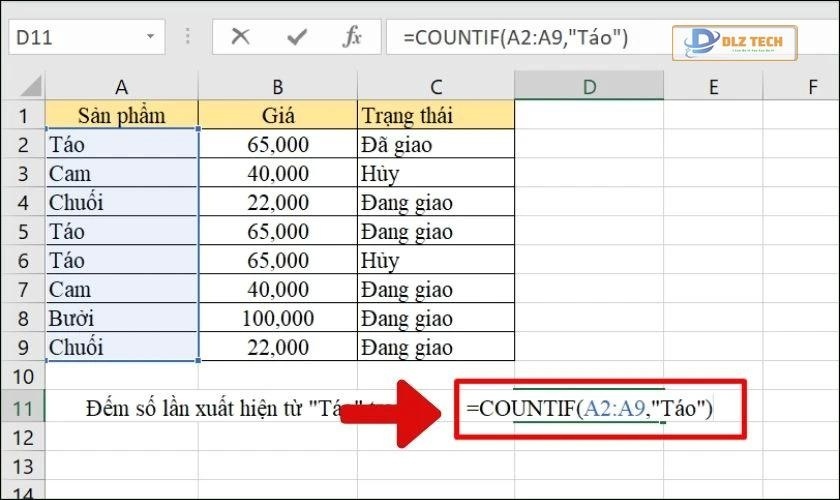 Sử dụng hàm COUNTIF để đếm văn bản