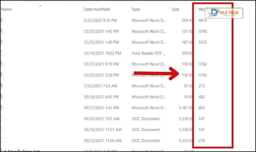 Số từ của các file Word sẽ được hiển thị cuối mỗi file