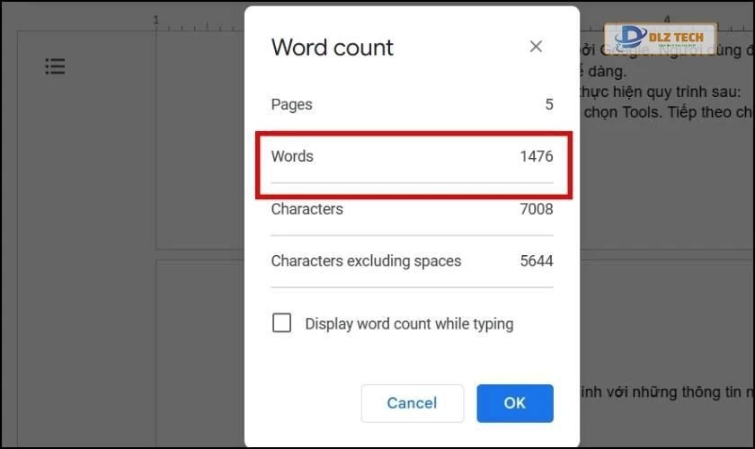Số từ cần đếm được hiển thị trong Google Docs
