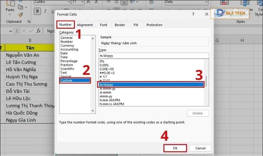 định dạng ngày bằng custom
