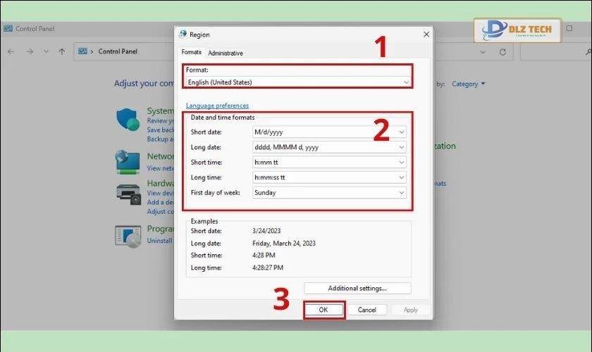 định dạng thời gian trong control panel