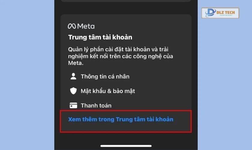 bấm vào xem thêm trong trung tâm tài khoản để bắt đầu đổi link facebook