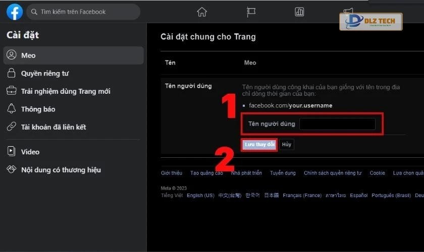 các thao tác để đổi link facebook trên fanpage