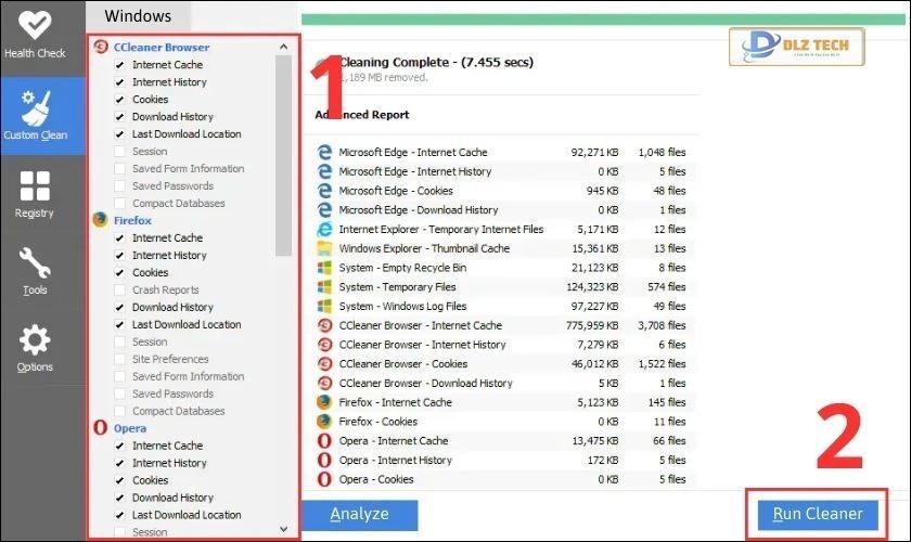 Chọn tệp cần xóa trong phần Windows và nhấn Run Cleaner để hoàn thành